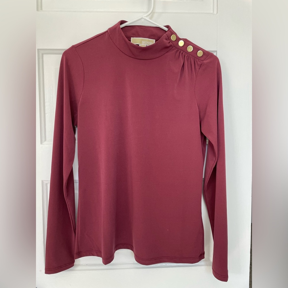 Michael Kors Burgundy Long-Sleeve Mock Neck Top with Gold Buttons